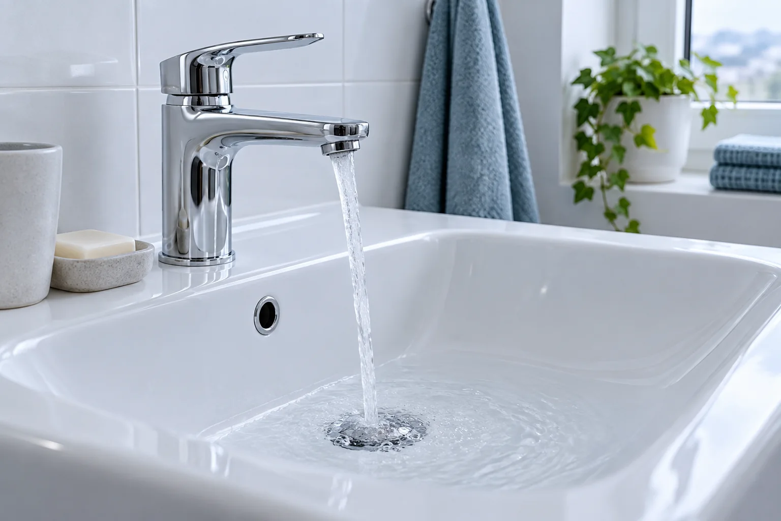 Dünner Wasserstrahl aus einer Armatur in ein freies Waschbecken