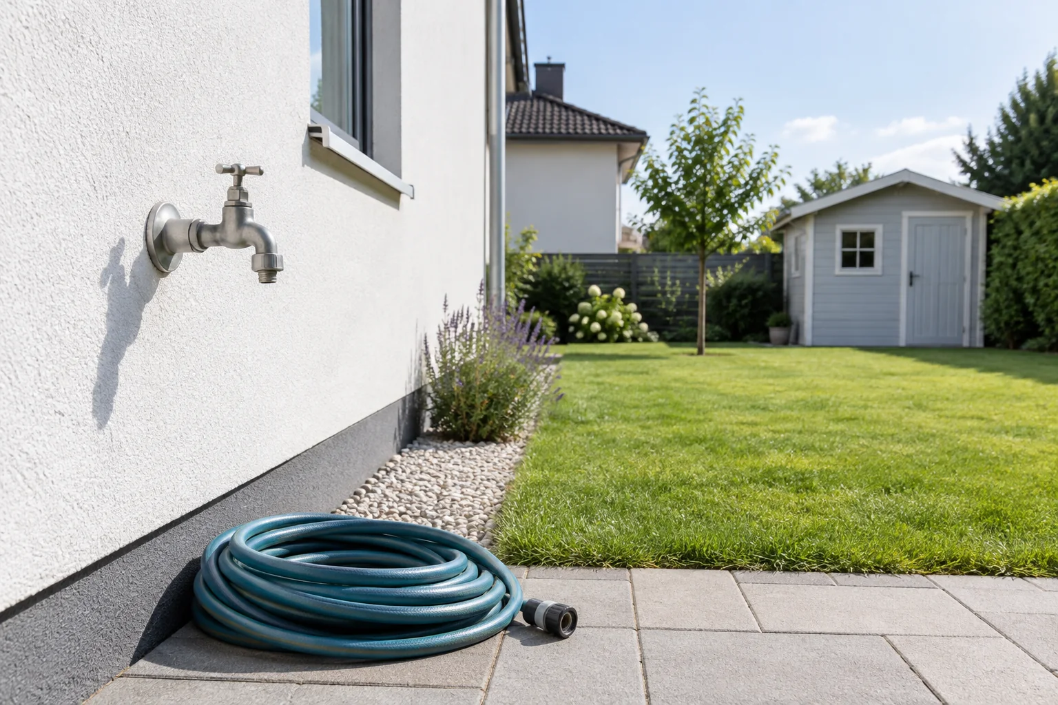 Gartenwasserhahn und ordentlich abgelegter Schlauch an einem Einfamilienhaus