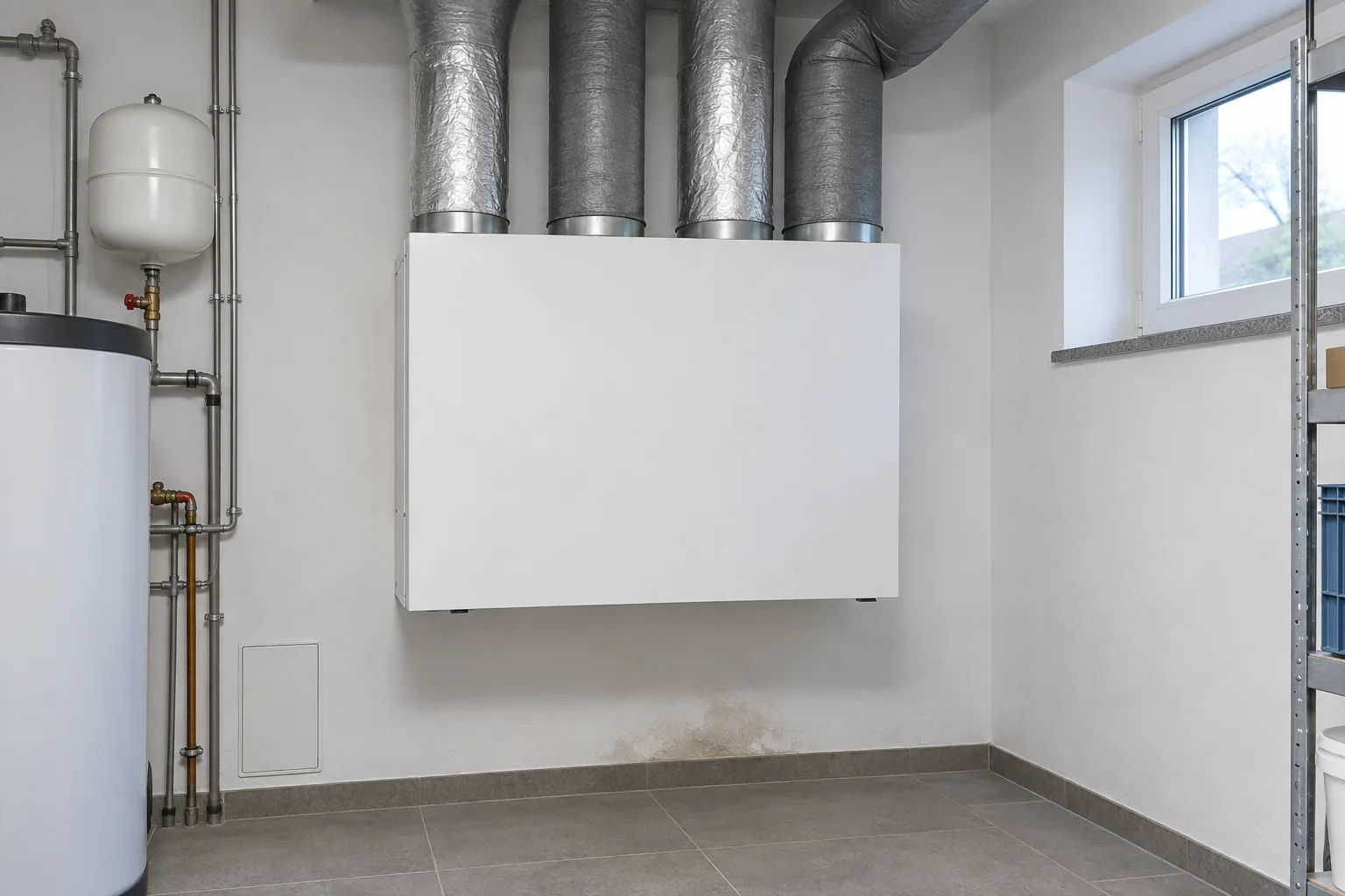 Zentrales Wohnraumlüftungsgerät mit Luftleitungen und feuchter Stelle an der Wand darunter