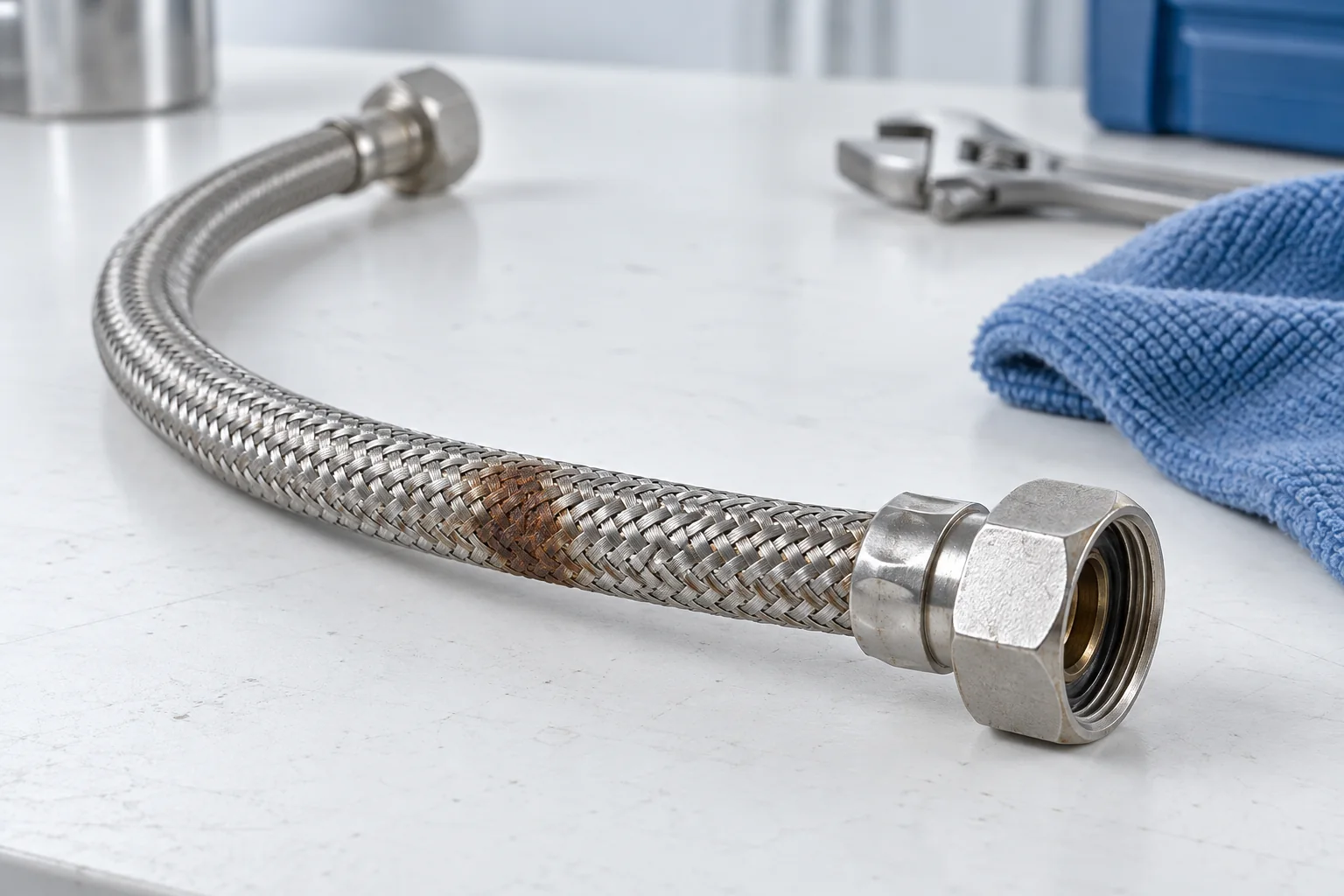 Ausgebauter Flexschlauch mit einer korrodierten Stelle am Metallgeflecht
