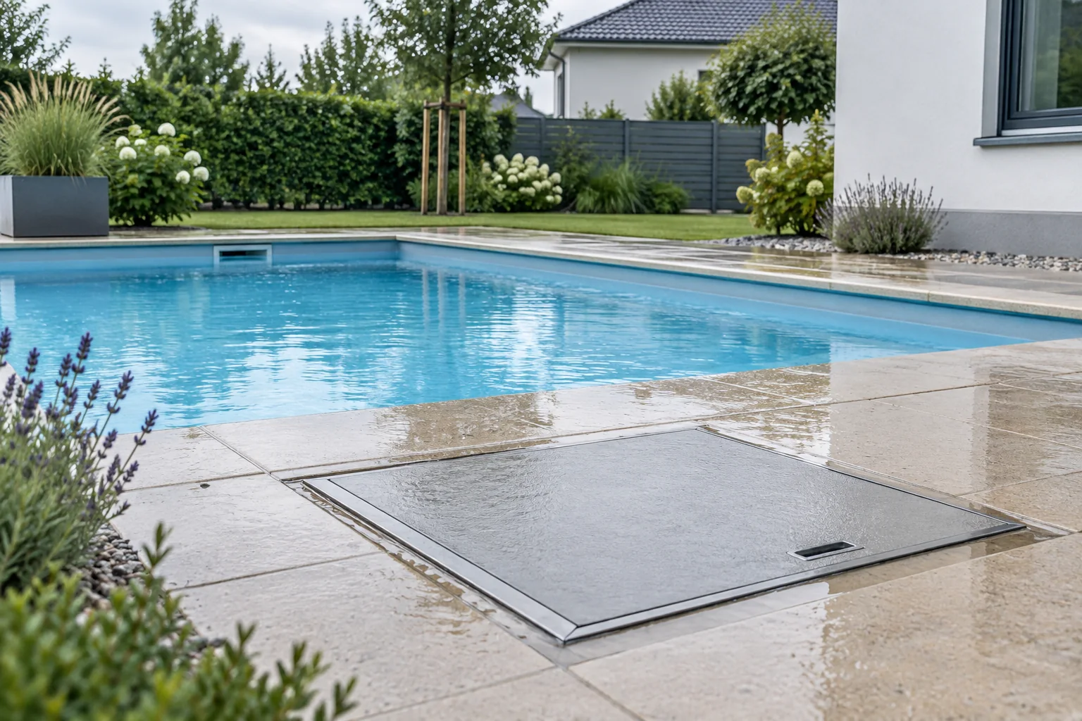 Geschlossener Pooltechnikschacht neben einem Schwimmbecken nach Regen
