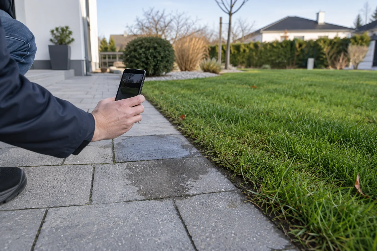 Dokumentation einer auffällig feuchten Stelle neben einem Gartenweg