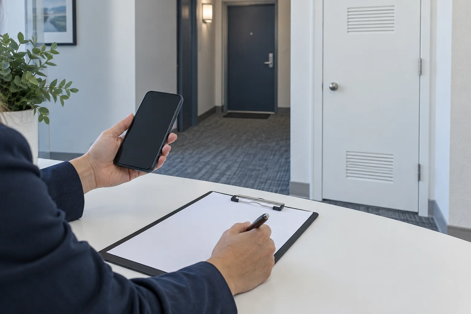 Vorbereitung einer sachlichen Schadenmeldung mit Telefon und Unterlagen